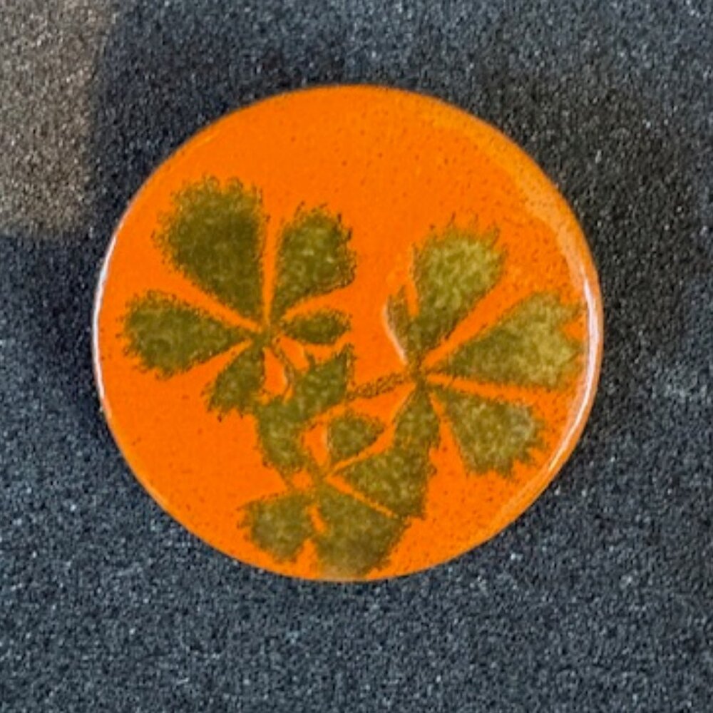 Vintage MCM Orange Enamel Over Copper Flowers Leaves Circular Pin Brooch